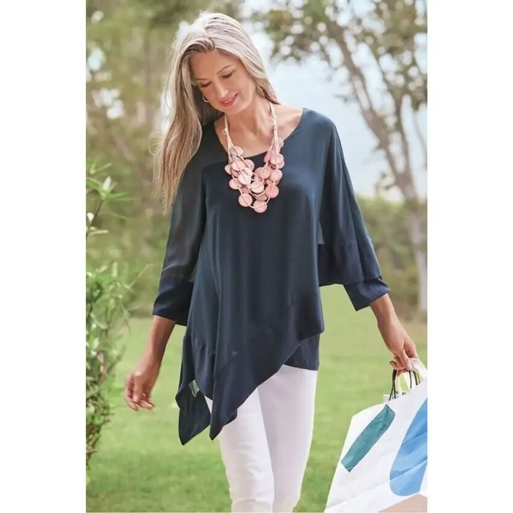 Soft Surroundings Size S Adler Asymmetrical Tunic Satin Mesh Navy Blue